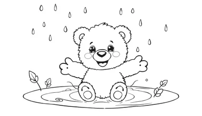 Osito de peluche feliz bajo la lluvia en una página para colorear.