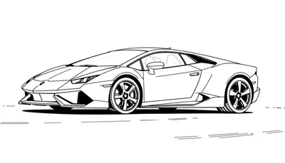 Un dibujo lineal en blanco y negro de un coche deportivo Lamborghini Huracán, listo para ser coloreado. La placa de color está en blanco y negro, esperando tus toques de color.