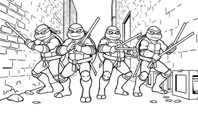Página para colorear de las Tortugas Ninja en un callejón, lista para la acción, mostrando a Leonardo, Donatello, Michelangelo y Raphael con sus armas.