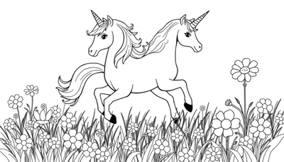 Dos unicornios corriendo en un prado de flores, página para colorear de la placa de color.