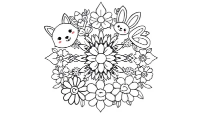 Un mandala floral para colorear con un zorro y un conejo, una placa de color esperando ser llenada de vida.