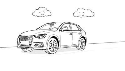 Un coche Audi Q3 para colorear, con nubes sonrientes en el cielo y la palabra 'placa de color' cerca.