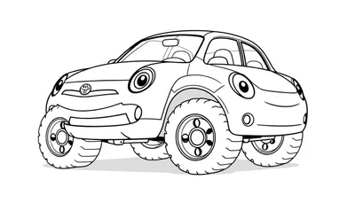 Un coche Toyota sonriente listo para colorear, con grandes ruedas y un logo de Toyota visible.