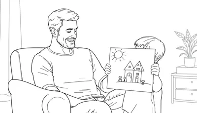 Placa de color de un papá feliz recibiendo un dibujo de su hijo.
