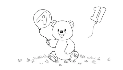 Página para colorear de un osito con globos, uno con la letra A y otro con el número 11. Placa de color.