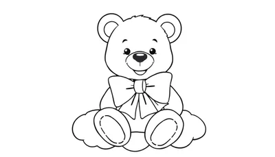 Un dibujo lineal en blanco y negro de un osito de peluche sentado, listo para colorear, con un gran lazo y una sonrisa amigable. Forma parte de una placa de color.