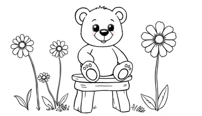 Oso de peluche tierno y amigable listo para colorear en una placa de color, con flores.