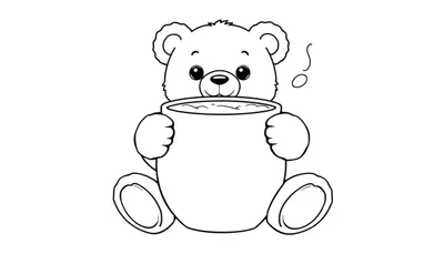 Página para colorear de un oso de peluche con una taza, arte lineal en placa de color.