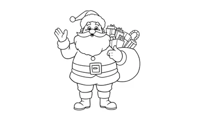 Papá Noel en blanco y negro saludando con un saco de regalos, listo para la placa de color.