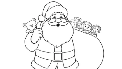 Papá Noel sonriendo, listo para repartir regalos. Dibujo en blanco y negro para colorear, con un gran saco lleno de juguetes. Placa de color.