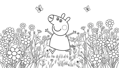 Peppa Pig saltando feliz entre flores, una página para colorear, placa de color.