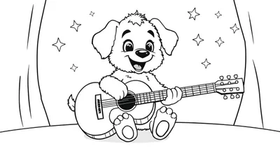 Un cachorro tierno con una sonrisa en blanco y negro tocando una guitarra gigante en un escenario estrellado, listo para ser coloreado en una placa de color.
