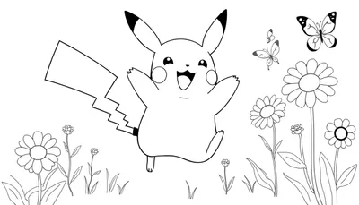 Pikachu saltando rodeado de flores y mariposas, página para colorear con placa de color.