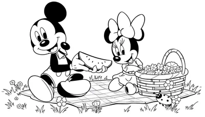 Placa para colorear de Mickey y Minnie Mouse disfrutando de un picnic, con Mickey ofreciendo sandía a Minnie junto a una canasta de picnic.