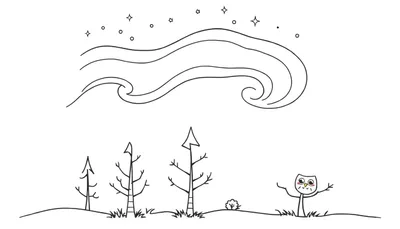 Página para colorear de una aurora boreal amigable con estrellas y un búho saludando, en blanco y negro.