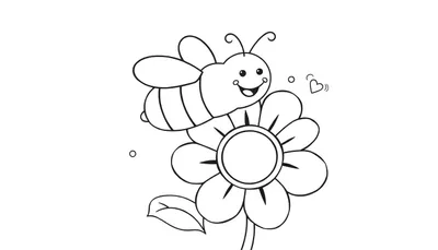 Placa de color de una abeja sonriente sobre una flor con corazones.