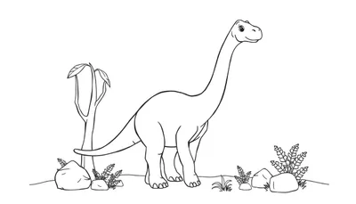 Placa de color de un dinosaurio herbívoro de cuello largo sonriente en un paisaje con rocas y un árbol.
