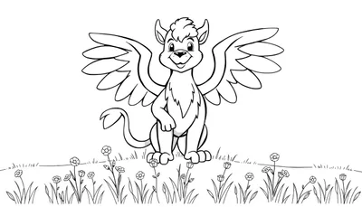 Placa de color: grifo amigable en un campo de flores.