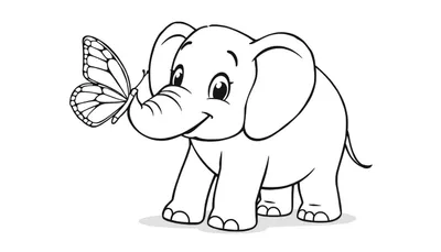 Placa de color: un elefante bebé sonriente con una mariposa en su trompa.