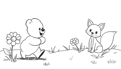 Placa de color de un oso de peluche y un zorro jugando juntos.