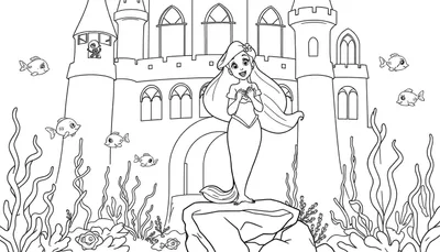 Placa de color de Ariel cantando junto a su castillo submarino, con peces y algas marinas alrededor.