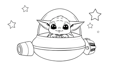 Bebé Yoda en su cápsula flotante, listo para una placa de color, rodeado de estrellas.