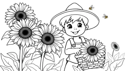 Placa de color de un niño recogiendo girasoles con abejas.