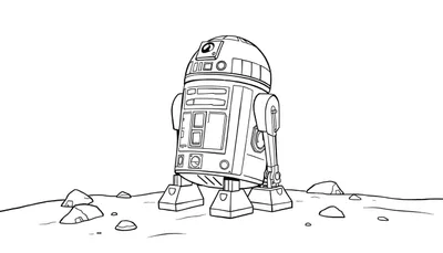 Placa de color de R2-D2 en una superficie rocosa.