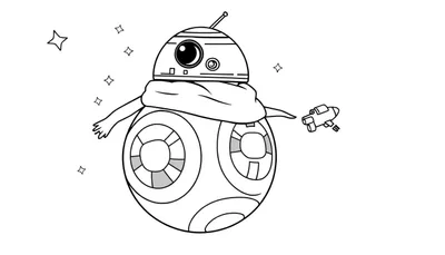 Placa de color: un droide con forma de BB-8 flotando en el espacio con una bufanda y una pistola láser, rodeado de estrellas.