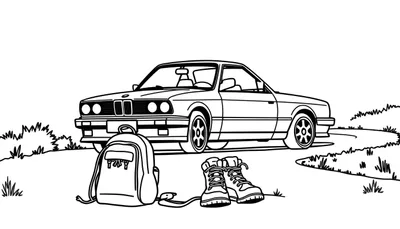 Placa de color con un coche BMW E30, mochila y botas de senderismo.