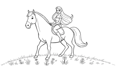 Dibujo de Barbie a caballo, listo para colorear.