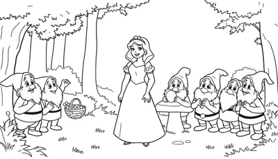 Placa de color de Blancanieves y los siete enanitos en el bosque.