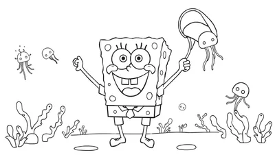 Bob Esponja sonriendo y sosteniendo una red con una medusa en ella, rodeado de más medusas y flora marina, en una placa de color en blanco y negro.