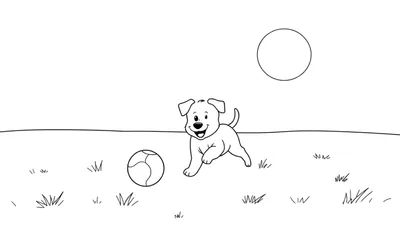 Un cachorrito sonriente jugando con una pelota en un campo verde, listo para colorear en una placa de color.