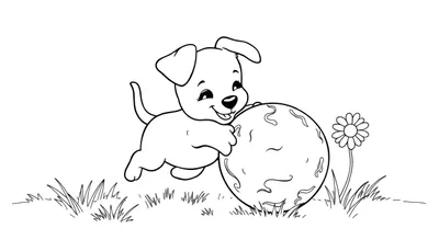 Placa de color de un cachorro feliz jugando con una pelota en un jardín.
