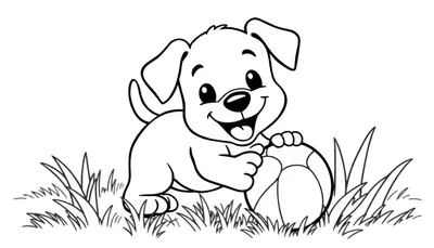 Una placa de color de un cachorro juguetón con una pelota.