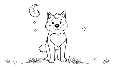 Placa de color: cachorro adorable con un corazón en el pecho bajo la luna y las estrellas.
