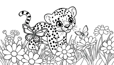 Placa de color de un cachorro de leopardo en un campo de flores con mariposas.