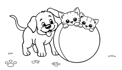Placa de color de un cachorro amigable y dos gatitos curiosos.
