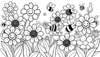 Placa de color de un campo de flores sonrientes con abejas.