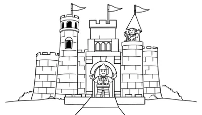 Placa de color de un castillo de Lego con figuras y banderas.