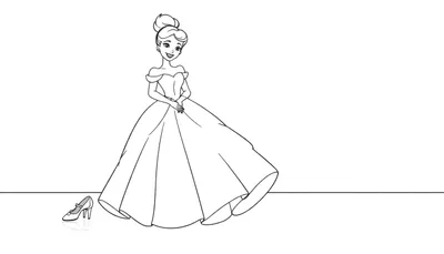 Cenicienta, una ilustración en blanco y negro, con un vestido de gala y una zapatilla de cristal tirada en el suelo, lista para ser coloreada en una placa de color.