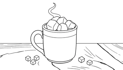 Dibujo de una taza humeante con malvaviscos para colorear, parte de una placa de color.