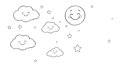 Placa de color de un dibujo para colorear con nubes sonrientes, estrellas y una luna feliz.