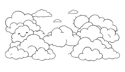 Placa de color de un cielo con nubes sonrientes y el sol.