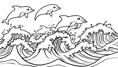 Placa de color con delfines saltando sobre olas.