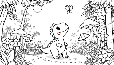 Placa de color de un dinosaurio chibi explorando un bosque con flores, hongos y mariposas.