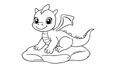 Placa de color con un dragón bebé sonriente sobre una roca.