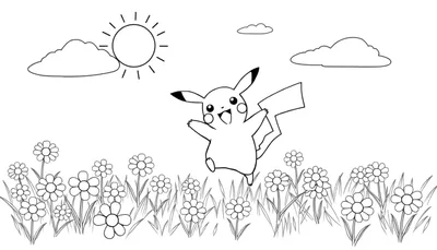 Placa de color de Pikachu saltando en un prado soleado.