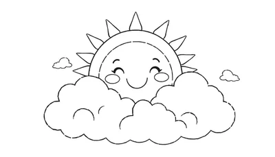Placa de color: Sol sonriente asomándose entre nubes esponjosas.